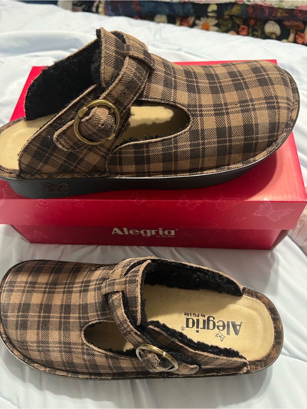 Alegria Brown Plaid Clog Mules with Buckle Strap - Picture 3 of 5